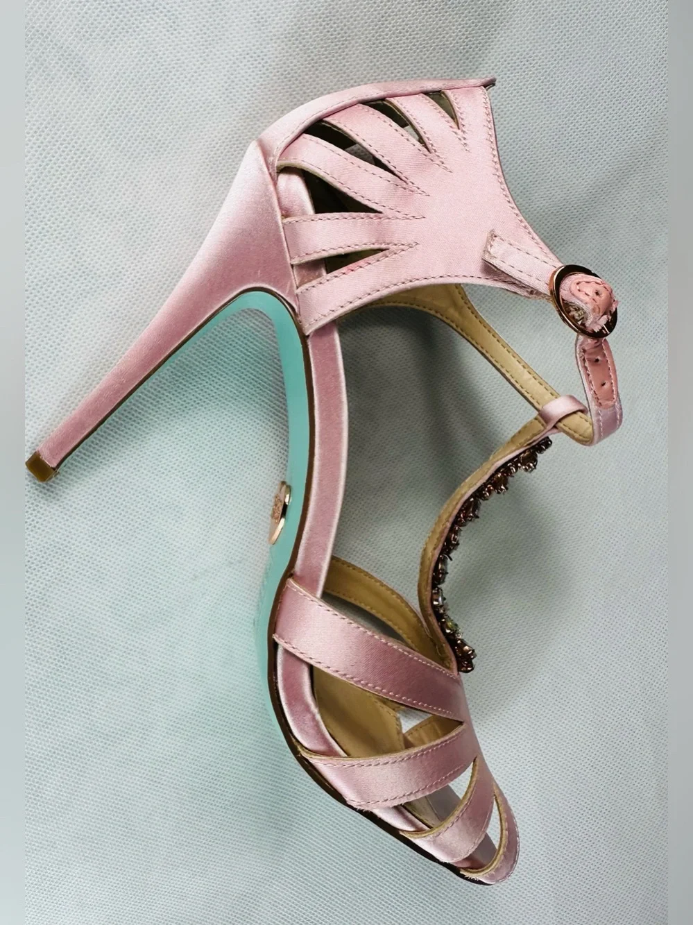 Betsey Johnson Rose Pink Satin Open-Toe Heels with Jeweled Ankle Detail